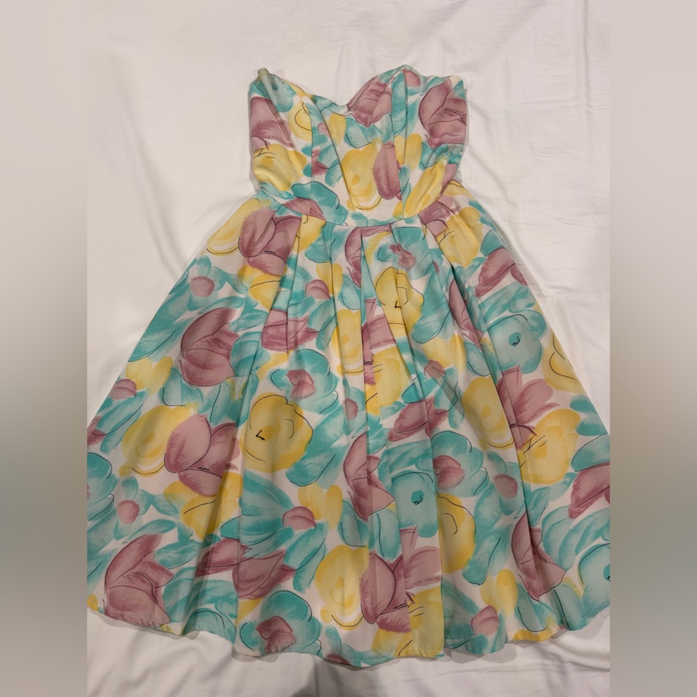 Vintage Floral Print Dress with Yellow, Pink and Green flowers